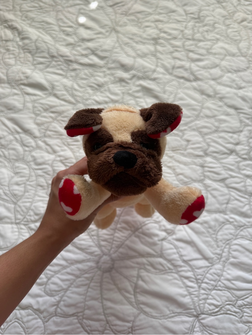 Plush Brown & Cream Puppy Dog Toy with Red Paw Accents